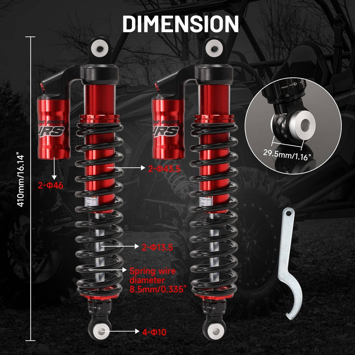 Two rear shock absorbers with red cylinders, black springs, and mounting ring hardware