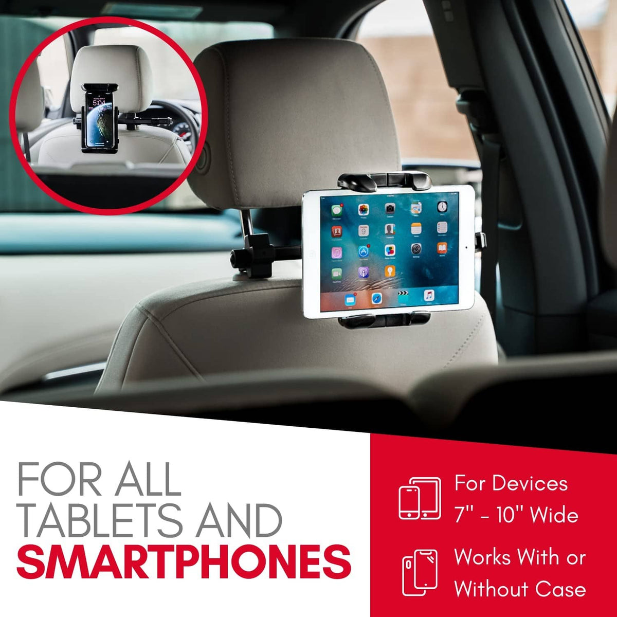 Headrest-mounted tablet holder with adjustable arm and clamp for 7–10 in devices