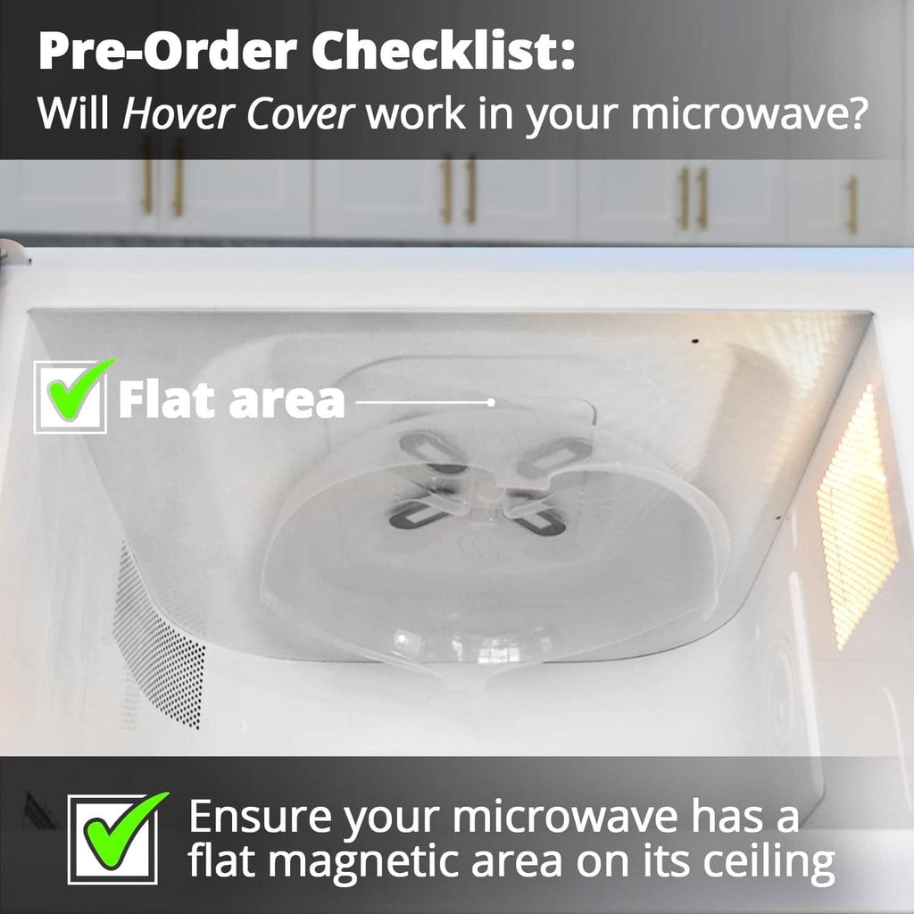 Microwave splatter cover with flat magnetic area for ceiling attachment