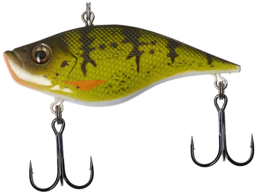 Yellow-green perch-pattern crankbait with two treble hooks and metal eye loop