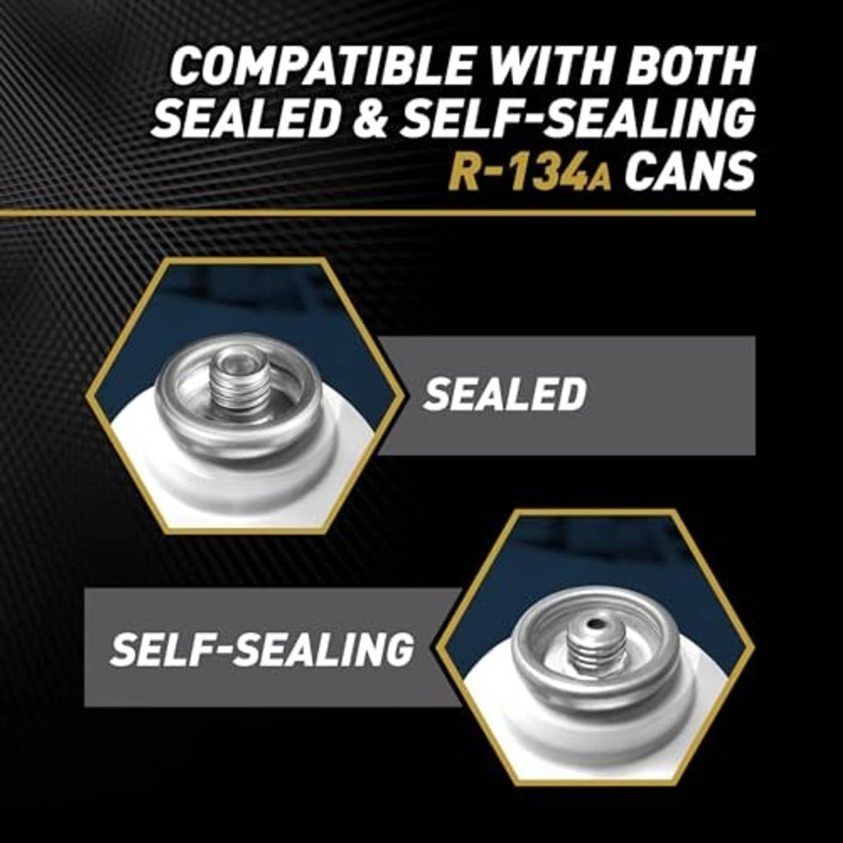 A/C gauge and hose kit parts indicating sealed and self-sealing can compatibility