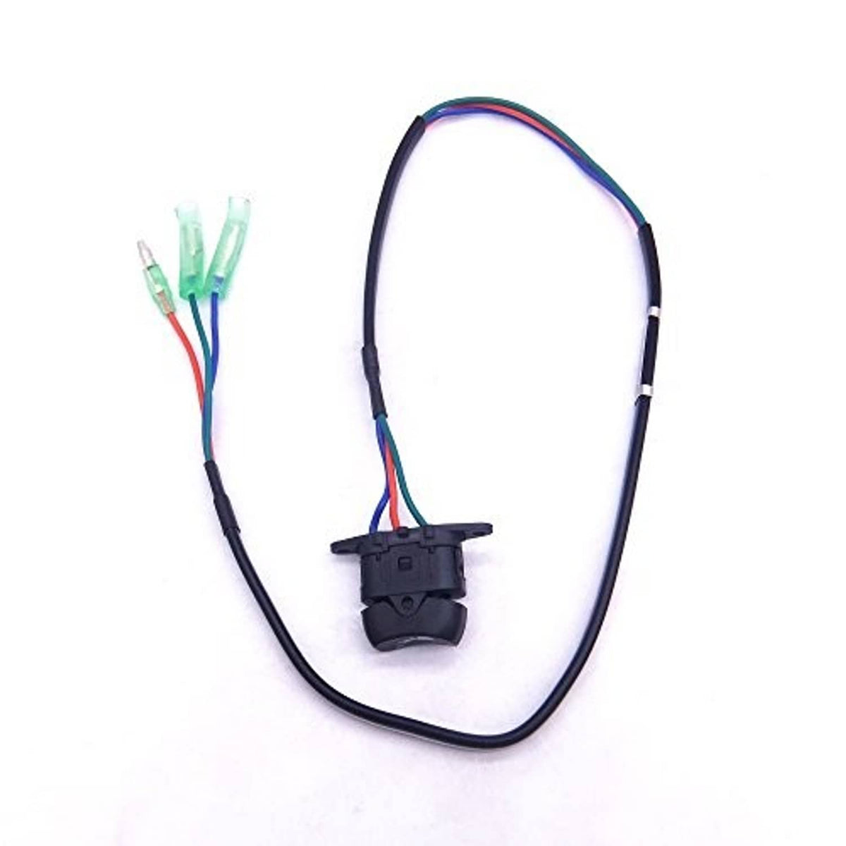 Black wiring harness with lower connector and multi-wire plug with green translucent terminals