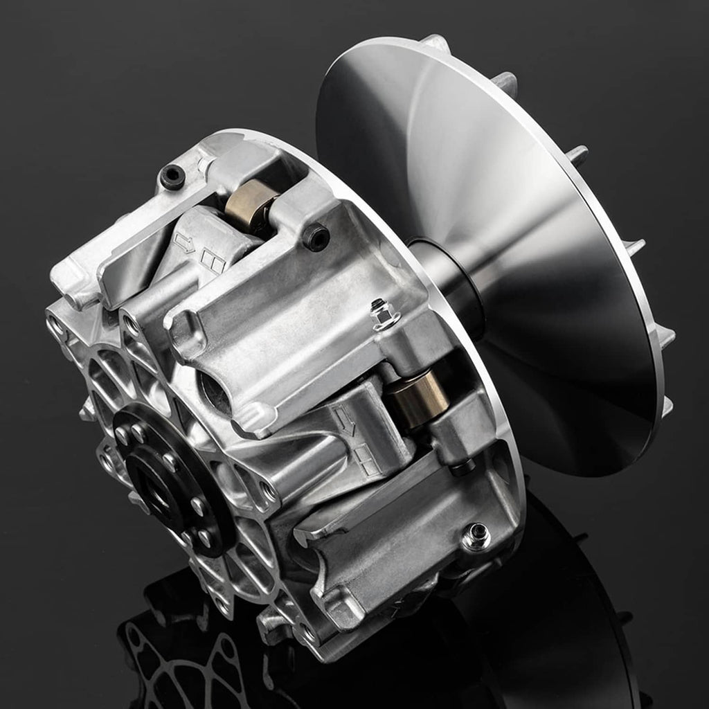 Primary drive clutch assembly angled view with outer drum housing and metal bracket