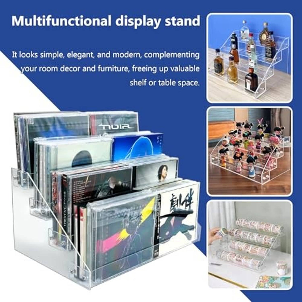 Clear acrylic multifunctional display stand holding CDs in a 4-tier rack