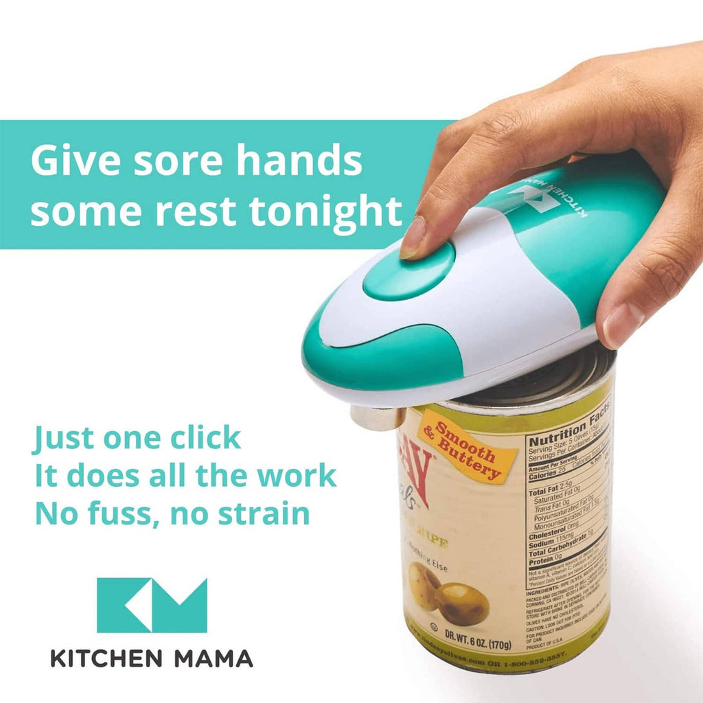Hand pressing a teal and white electric can opener onto a metal food can