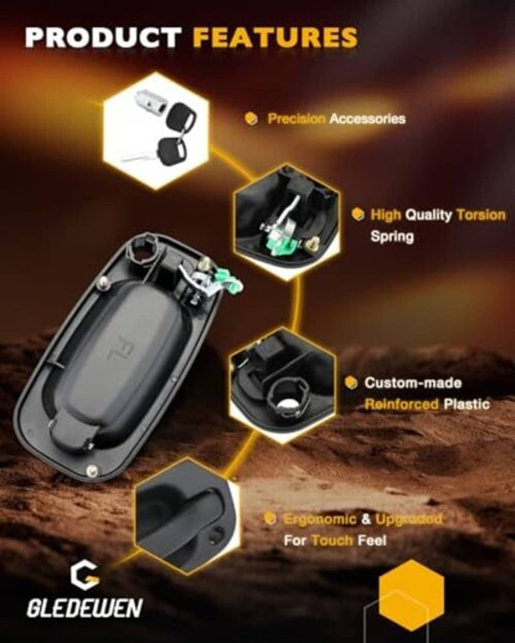 Exterior door handle assembly with lock parts and reinforced plastic housing diagram