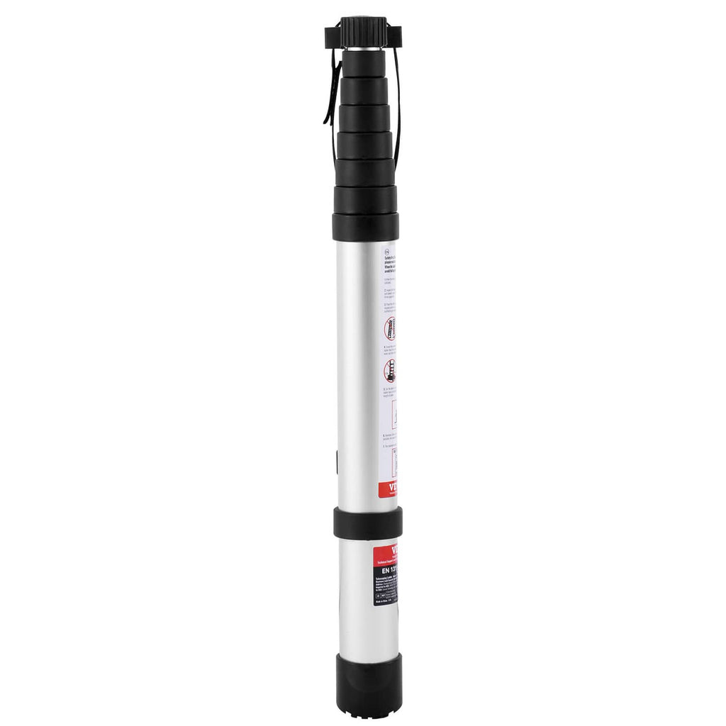 Telescoping extension ladder with black retraction base and segmented silver rails