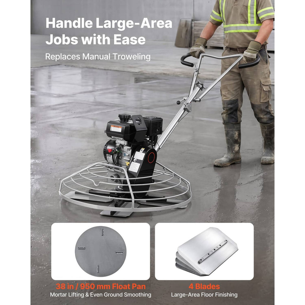 Gas concrete power trowel with long handle and circular float pan for smoothing concrete