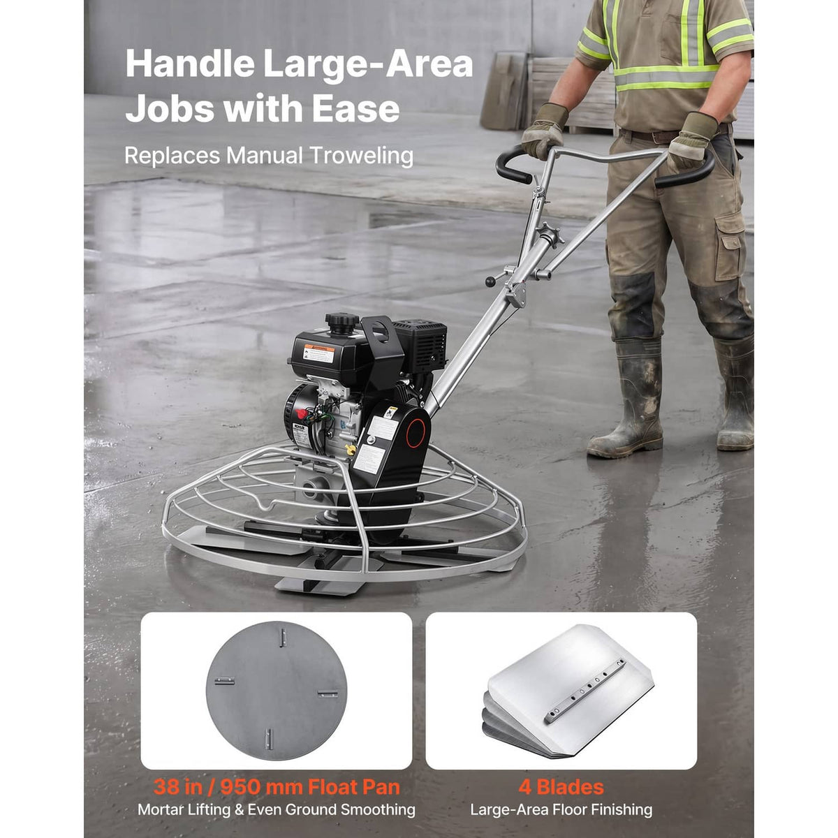 Gas concrete power trowel with long handle and circular float pan for smoothing concrete