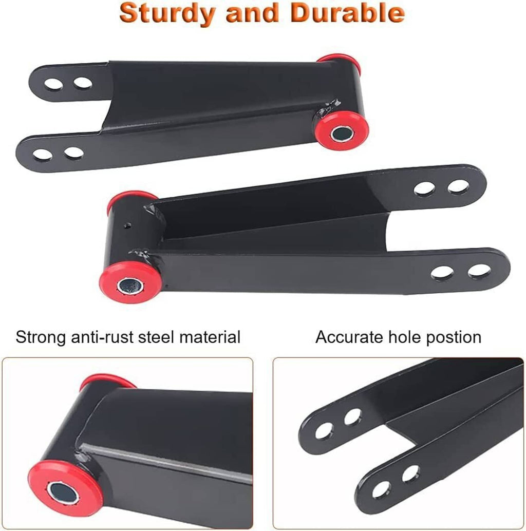 Rear lowering shackle kit with black steel arms and red bushing pivot mounts.