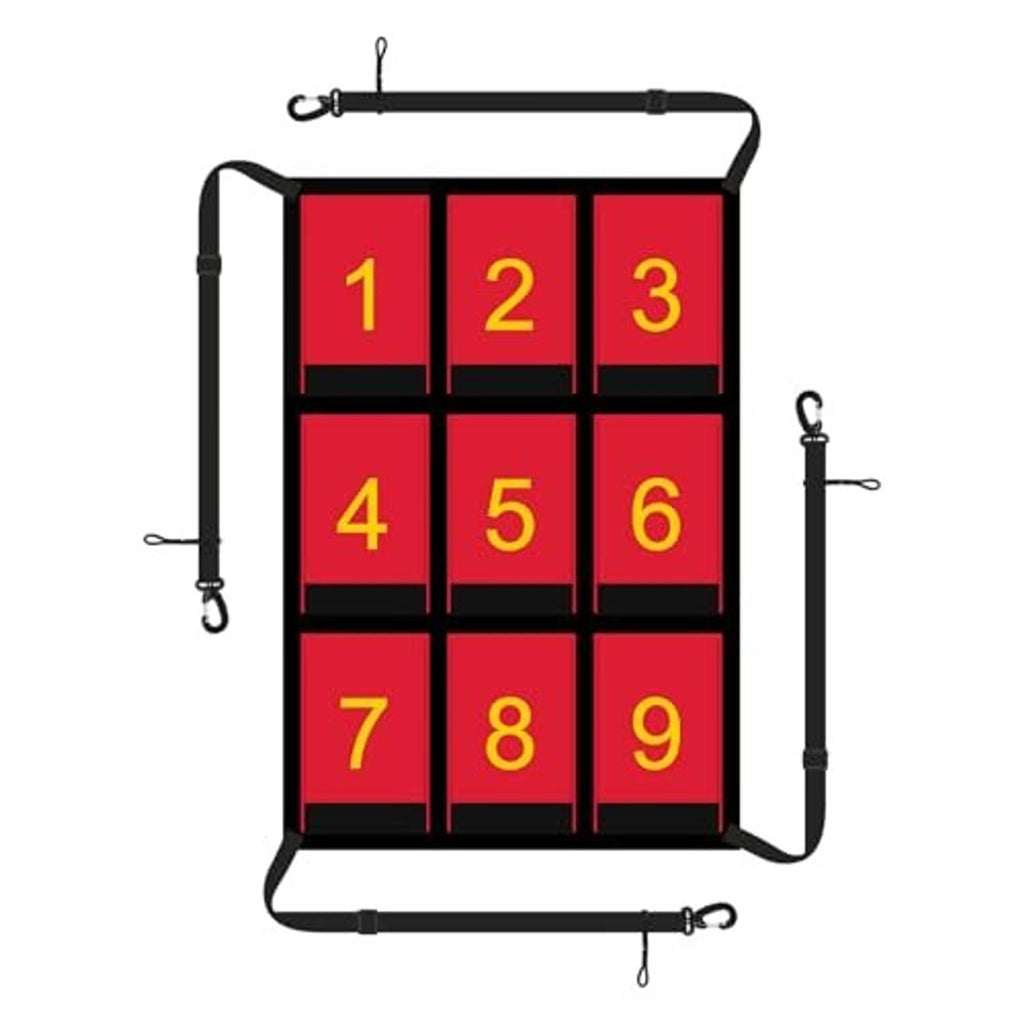 Red numbered strike zone target net with yellow 1–9 squares on black grid