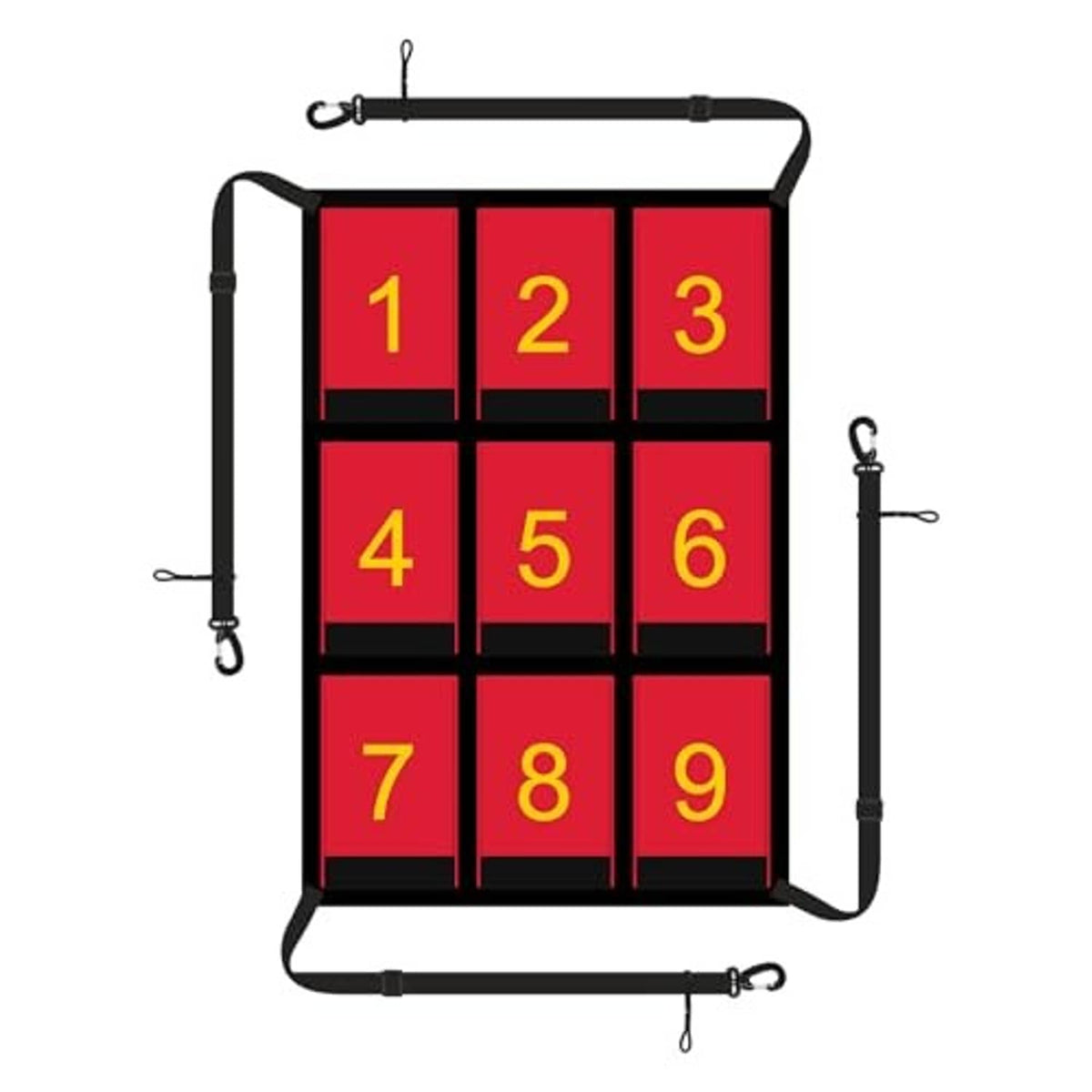 Red numbered strike zone target net with yellow 1–9 squares on black grid