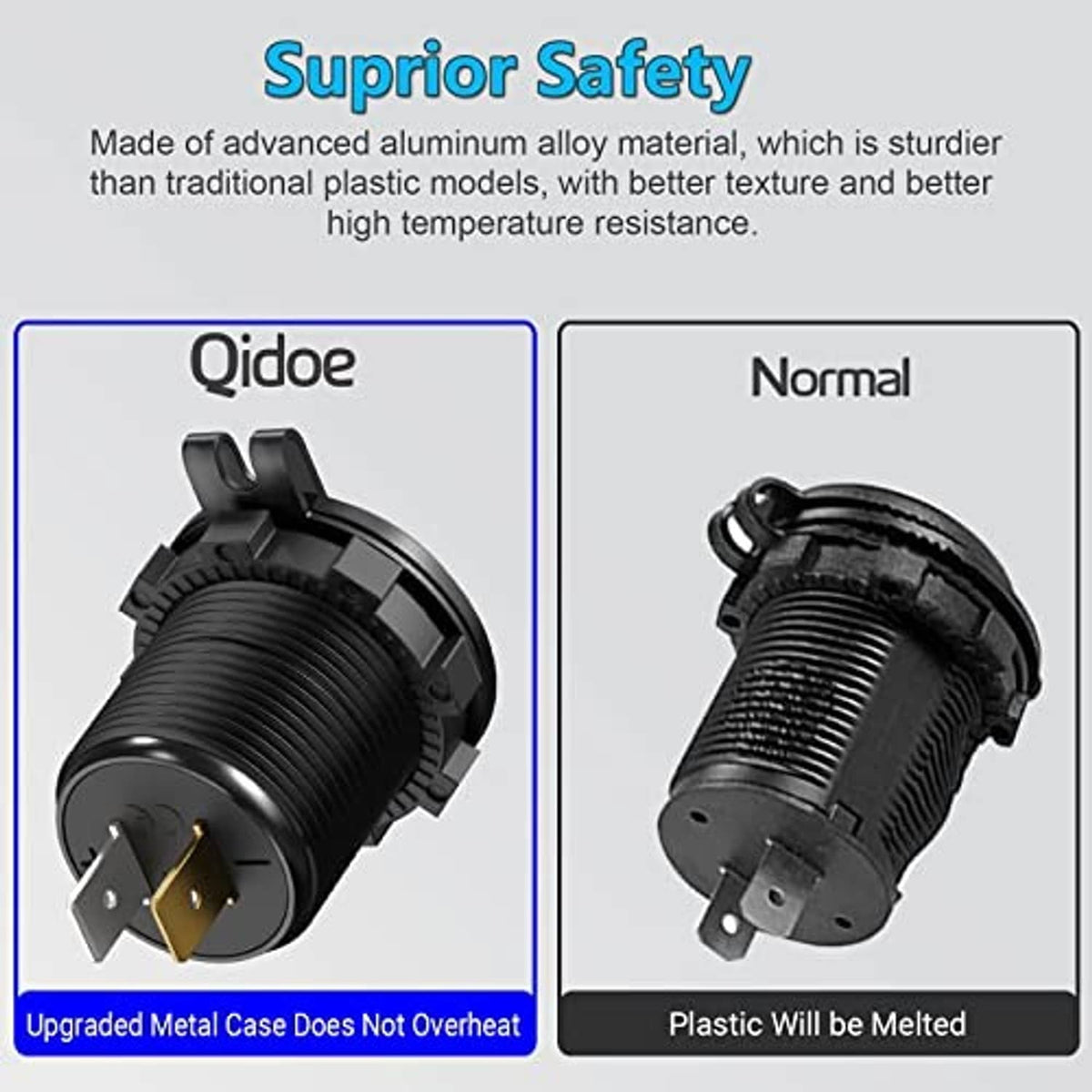 Metal-cased dual USB QC 3.0 car charger, black with plug prongs