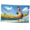 Cartoon chicken meme banner poster with ocean landscape and four metal eyelet corners