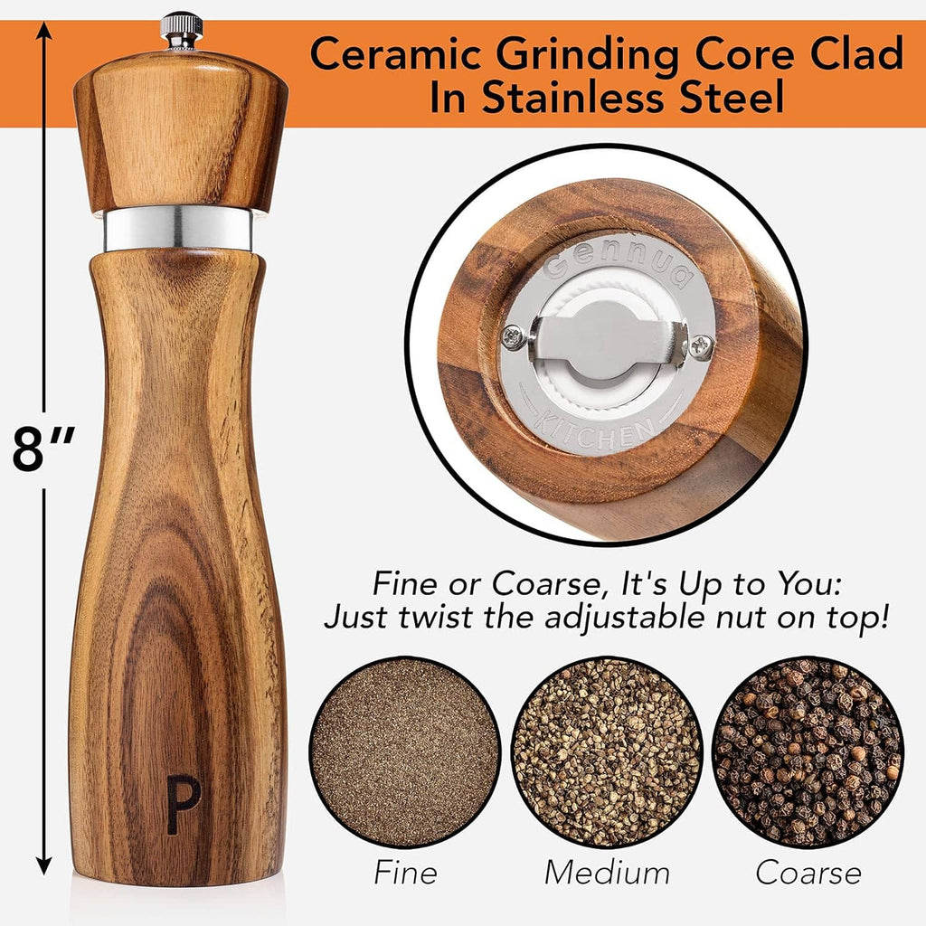 Wooden salt and pepper mill with adjustable grind core and stainless-steel base, shows fine to coarse