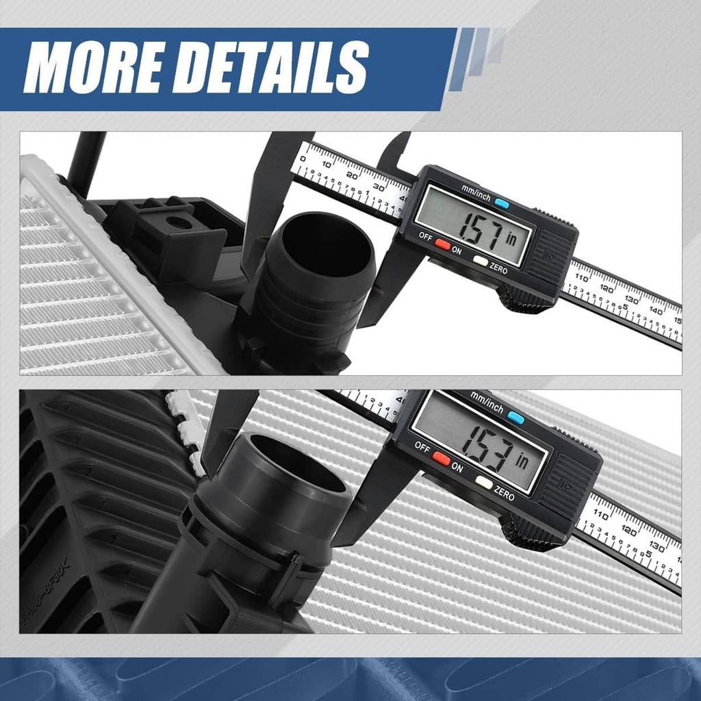 Vehicle radiator size check with measuring caliper near black inlet and cooling fins