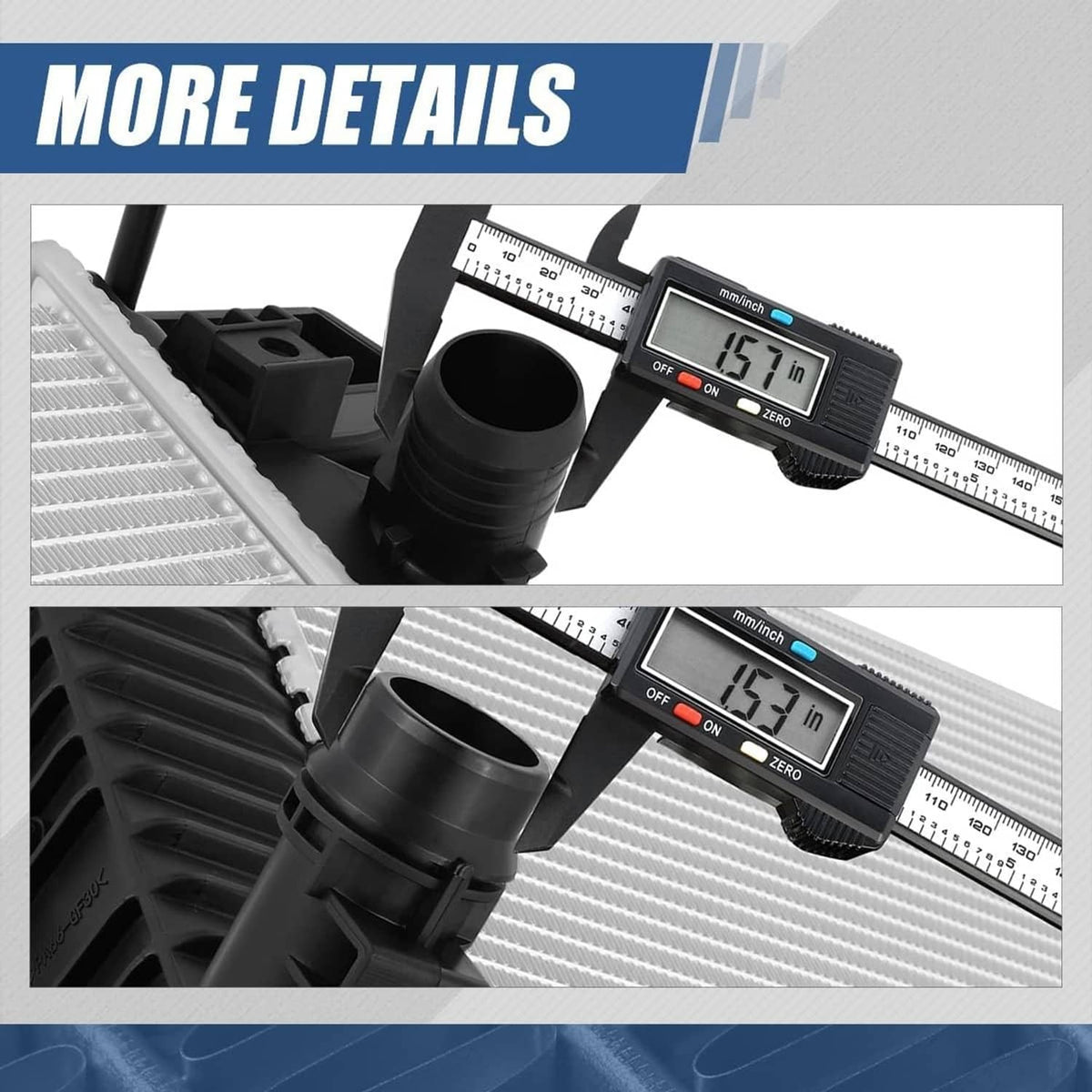 Vehicle radiator size check with measuring caliper near black inlet and cooling fins