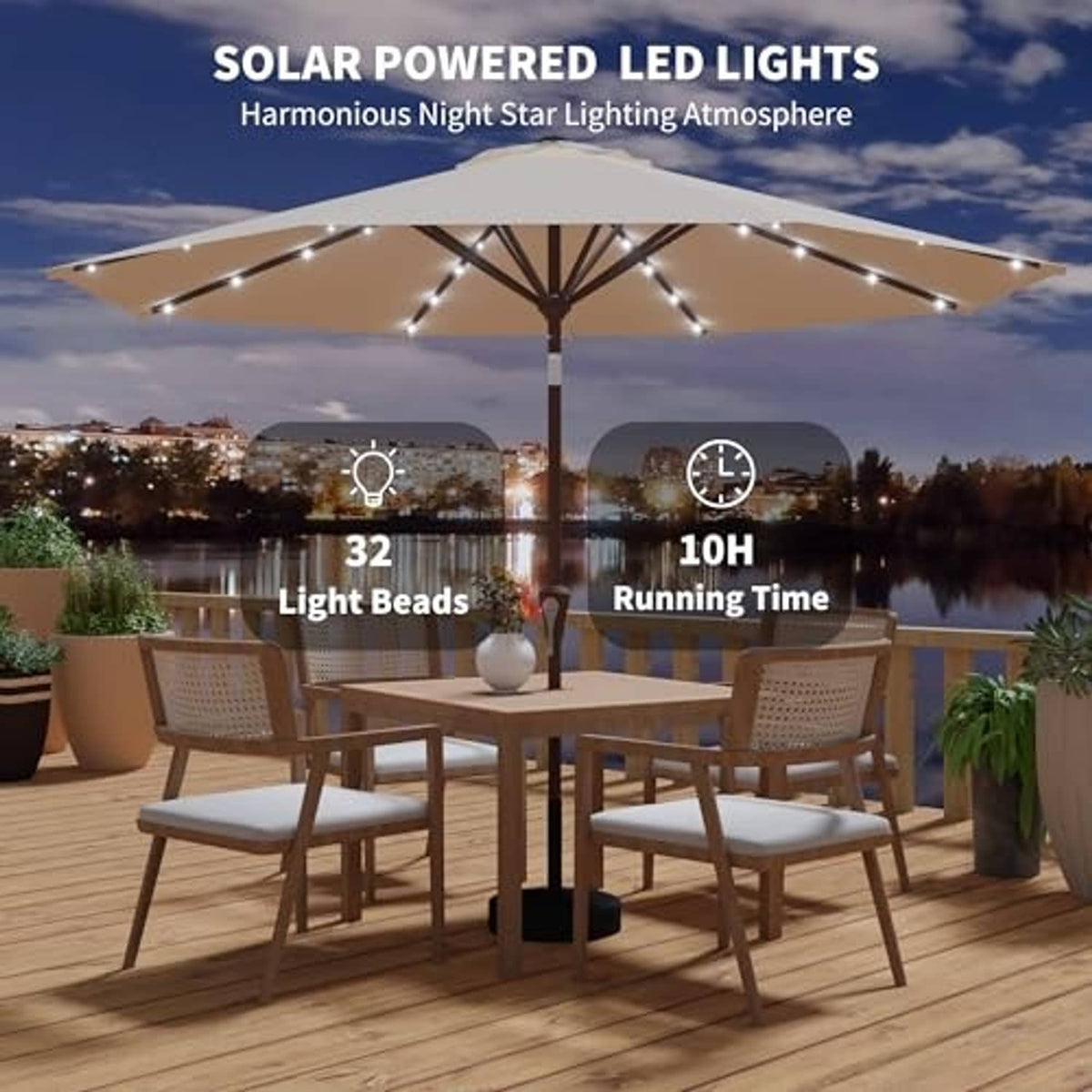 Beige outdoor patio umbrella with solar LED light beads around the canopy