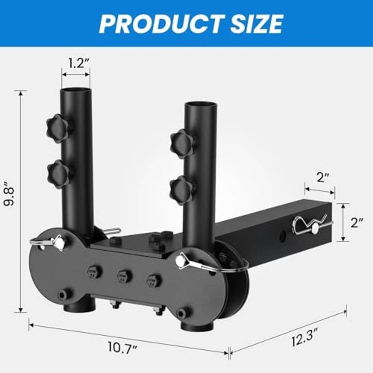 Black double hitch flagpole mount with two upright poles and extended base arm