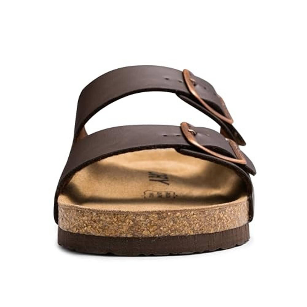 Mocha slide sandals with two-buckle straps and cork footbed, open-toe view