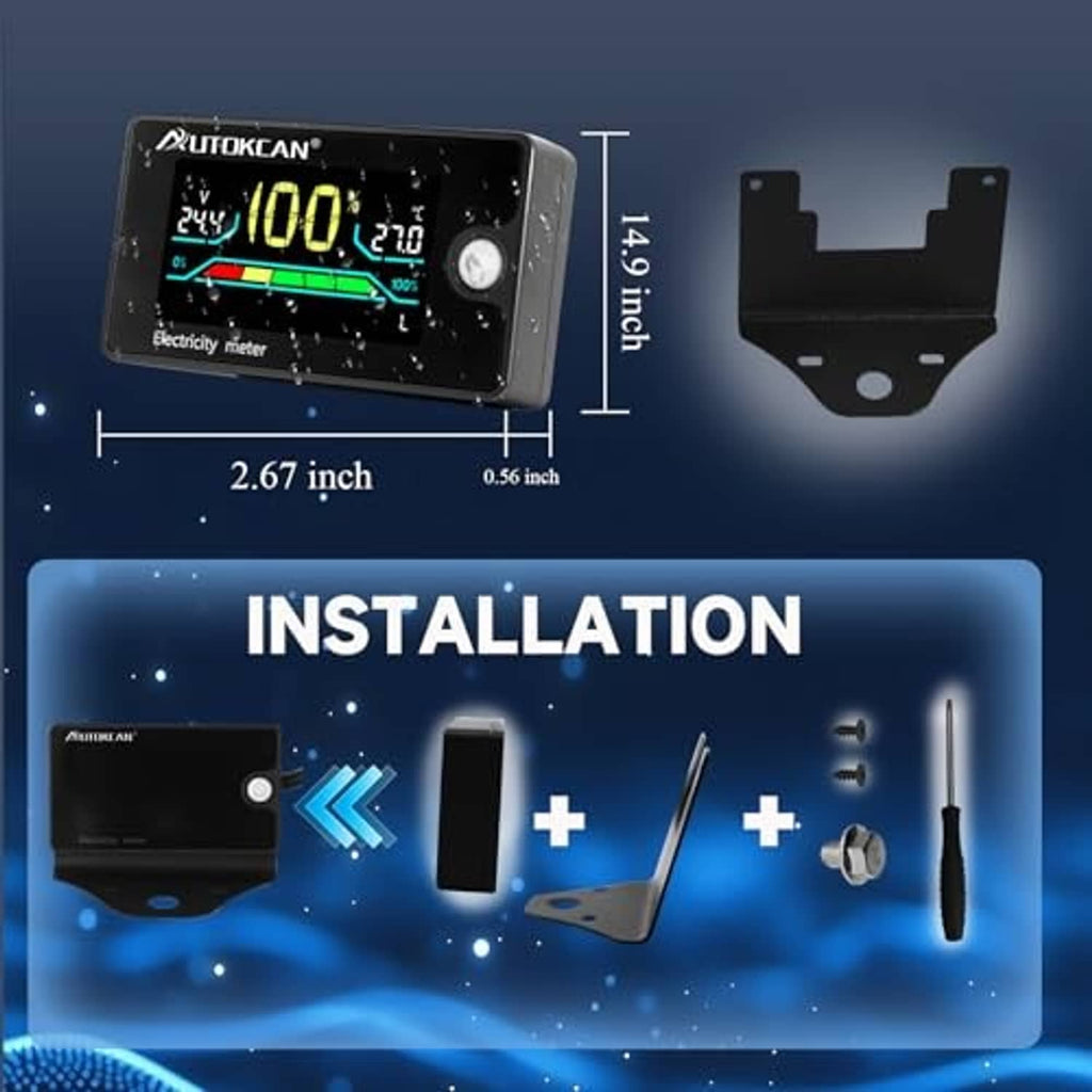 Digital battery monitor electricity meter with dimensions and included mounting bracket