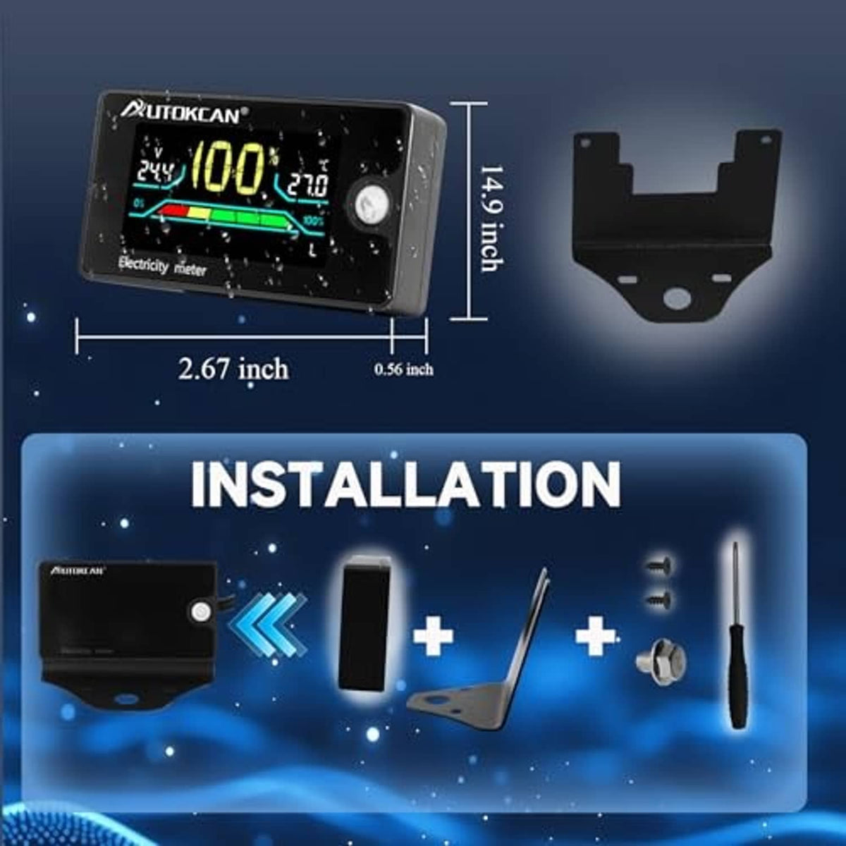 Digital battery monitor electricity meter with dimensions and included mounting bracket