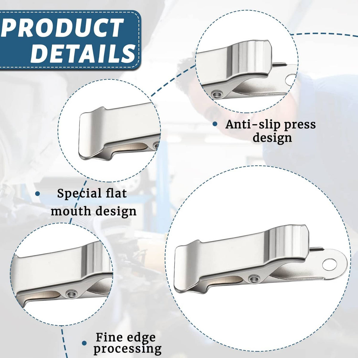 Silver metal mini clamp detail view with textured edge and anti-slip press design
