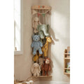 Wall-mounted corner stuffed animal storage with natural wood frame and rope net panels