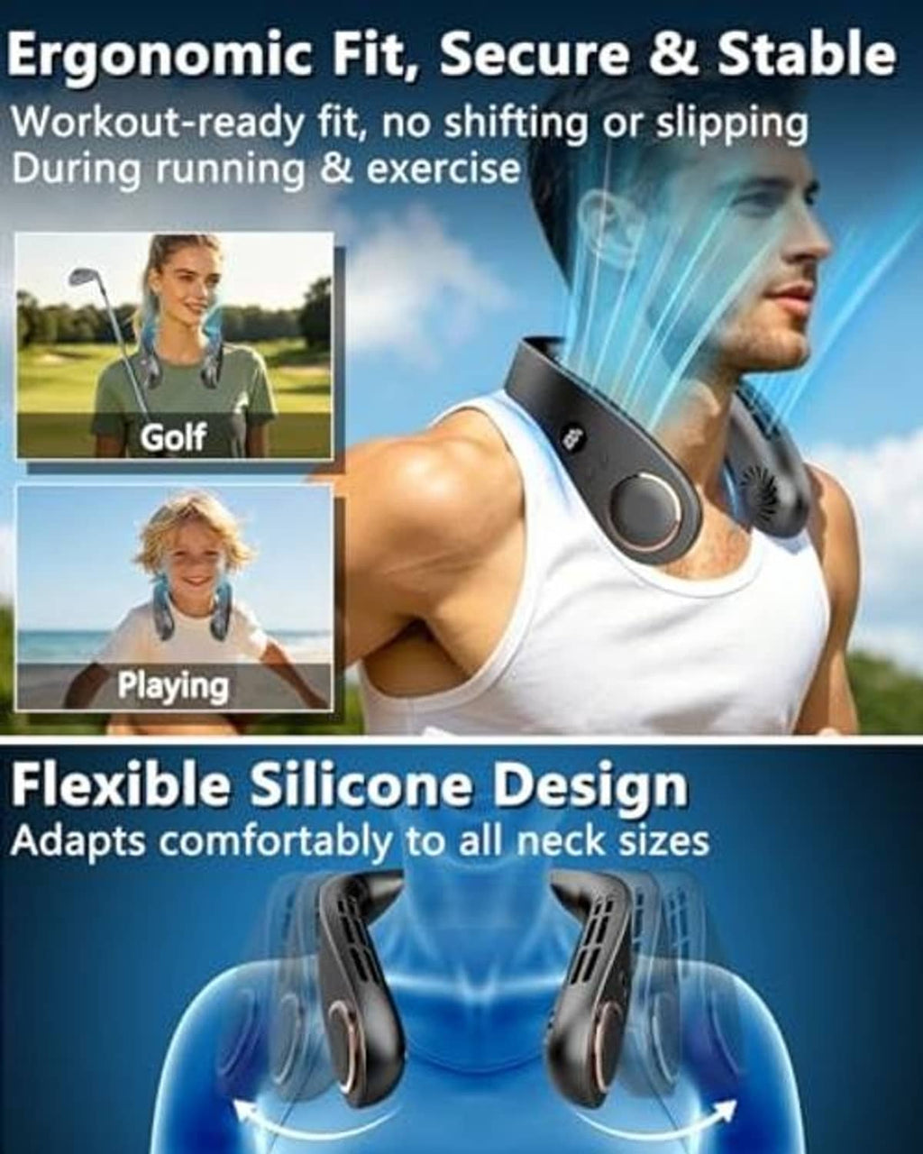 Flexible silicone neck fan with vented cooling plate and secure, snug fit