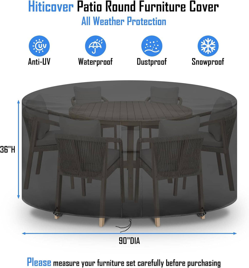 Round black patio table cover protecting an outdoor high table, with smooth fitted top