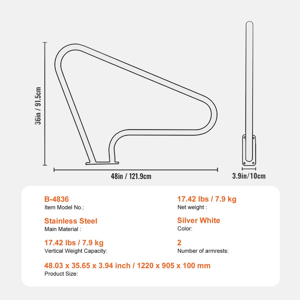 Swimming pool handrail dimensions diagram with stainless steel frame and blue padded grip