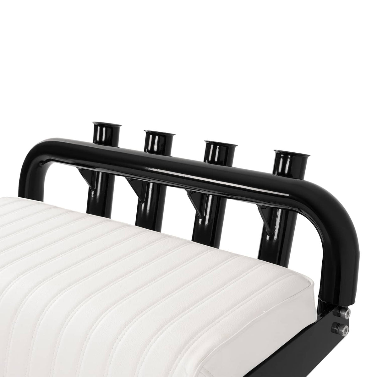 Close-up of black curved rod holder bar over white padded backrest