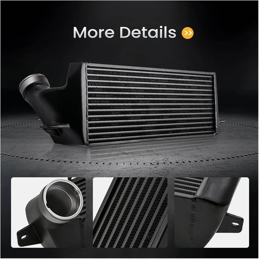 Front-mount intercooler with black fins and round metal inlet/outlet openings