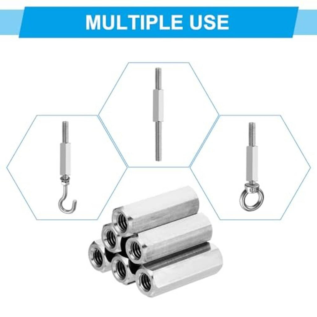 Stainless hex coupling nuts with threaded interior, shown with connected hardware