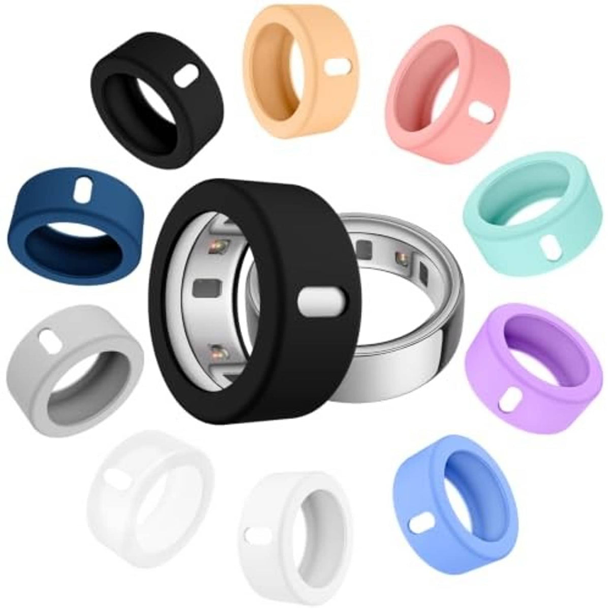 Silicone ring covers assortment with black, tan, pink, mint, purple, and blue pieces