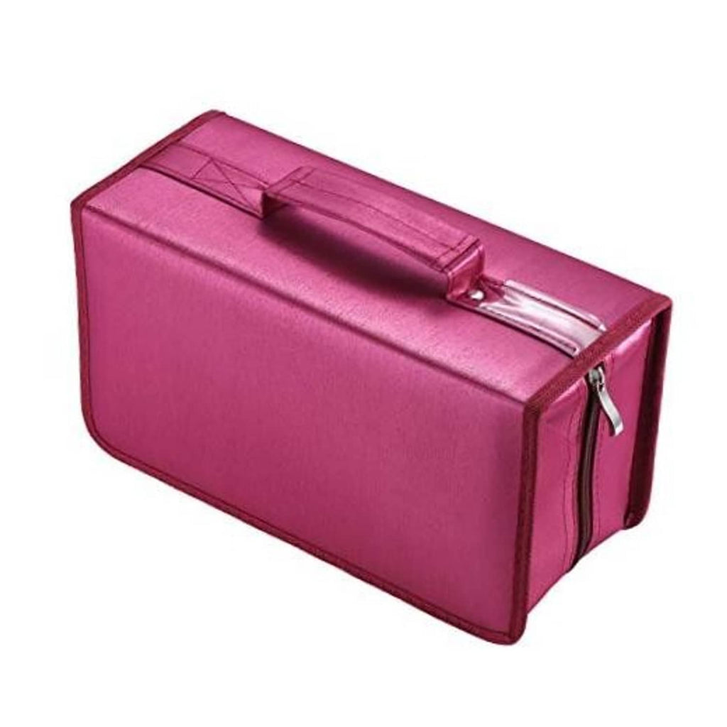 Nylon CD/DVD storage case with zipper, textured magenta finish and handle tab.