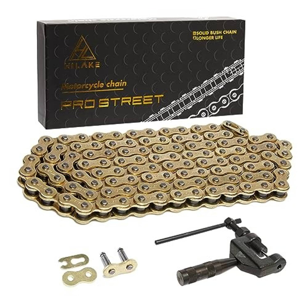 Gold motorcycle chain with included master links and chain breaker tool set