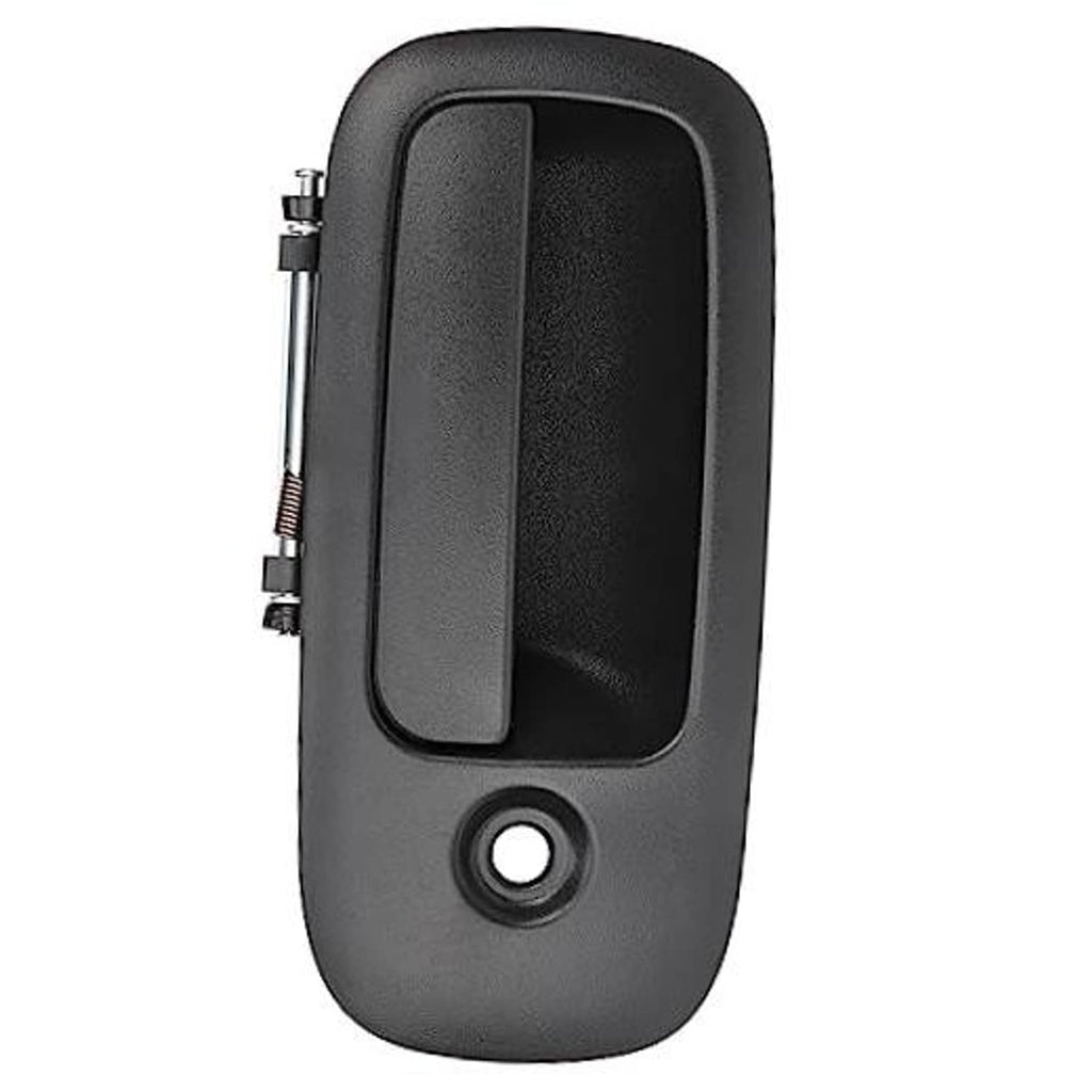 Front exterior door handle, dark gray body with black insert and circular key lock hole.