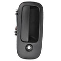 Front exterior door handle, dark gray body with black insert and circular key lock hole.