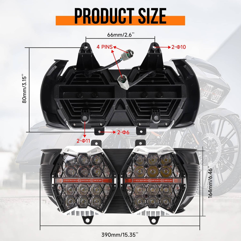 LED headlight assembly pair, black housing with orange DRL strip and mounting pins