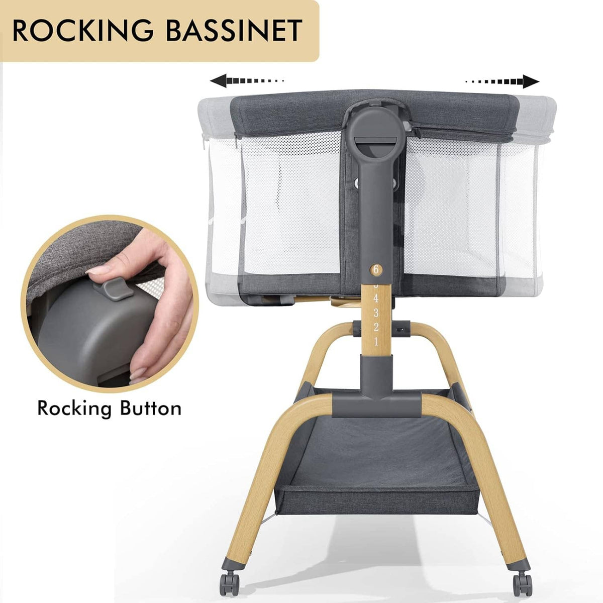 Rocking baby bassinet with white mesh enclosure, gray top rail, and height buttons.