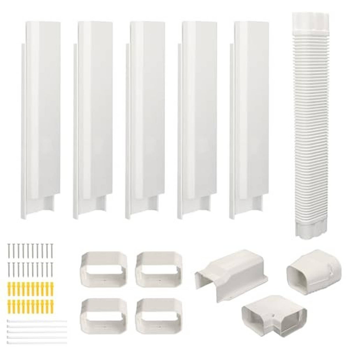 Mini-split line set cover kit with 4 in PVC ducts, elbows, and end caps