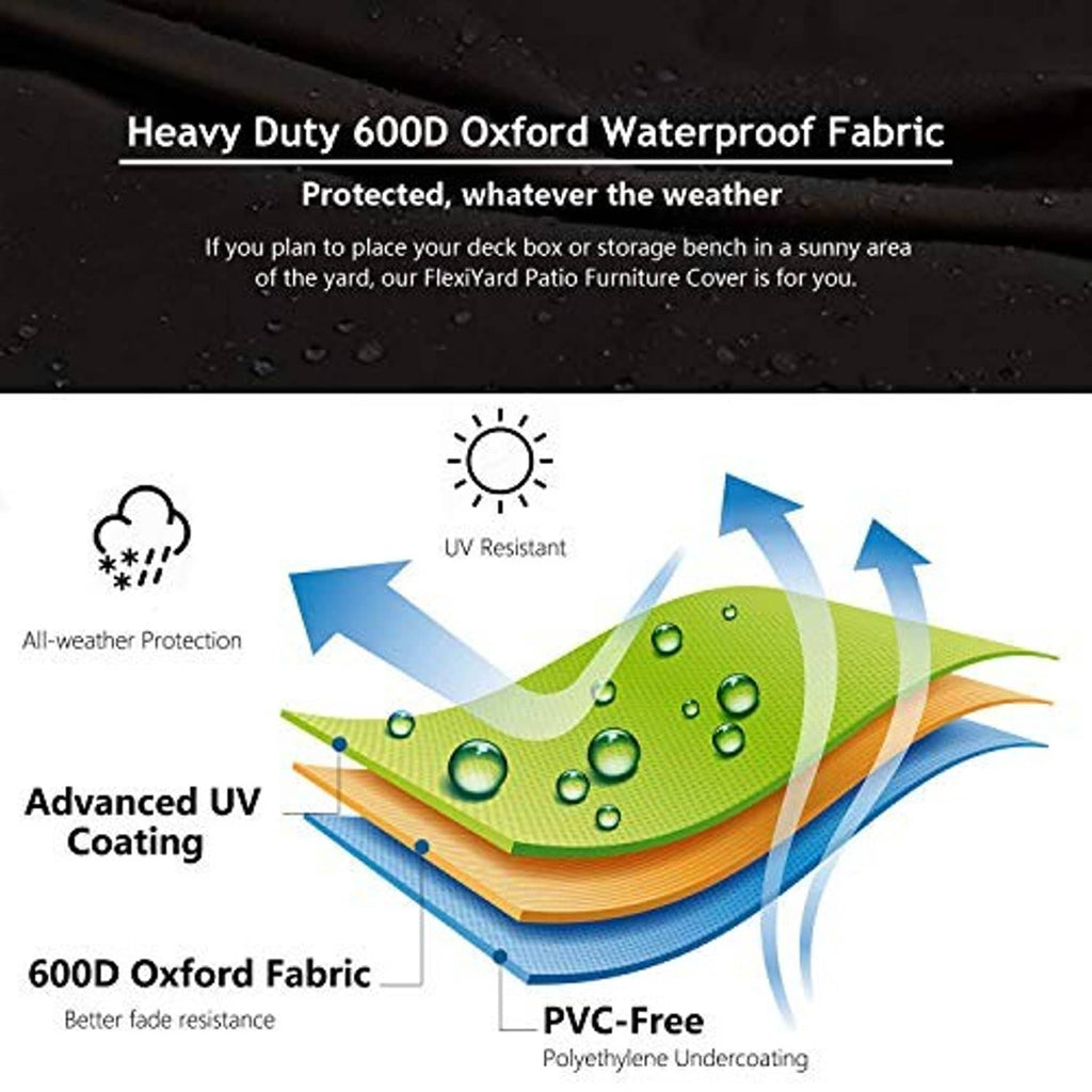 Weatherproof outdoor cover fabric with water droplets and UV-resistant protection icons