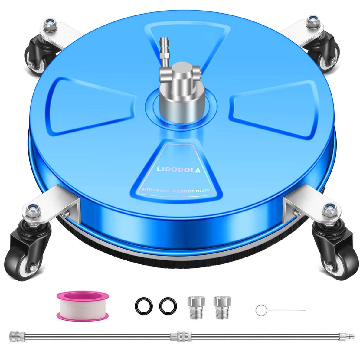 Pressure washer surface cleaner, 16-inch blue round head with stainless nozzles and wheels