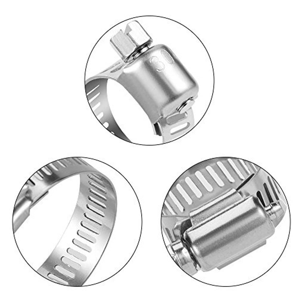 Stainless steel hose clamp close-ups with worm gear tightening screw and band slots