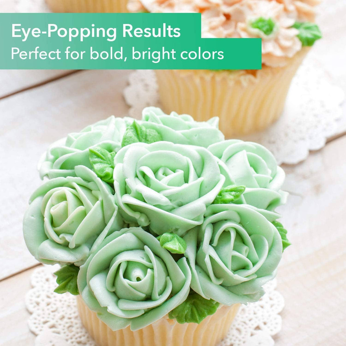 Green rose cupcake with frosting, for edible wafer paper decorations