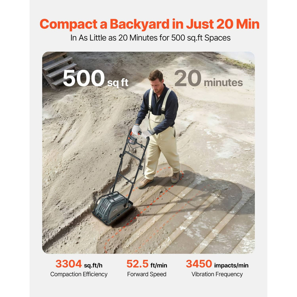 Uimoso electric plate compactor on ground, angled view of compacting plate, dark gray