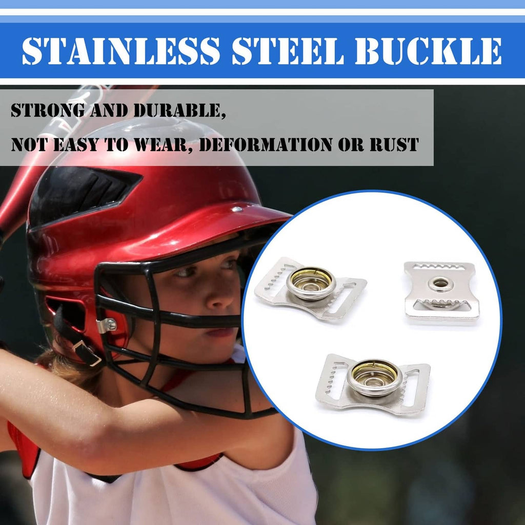 Stainless steel chin strap buckle hardware with circular snap insert, silver finish