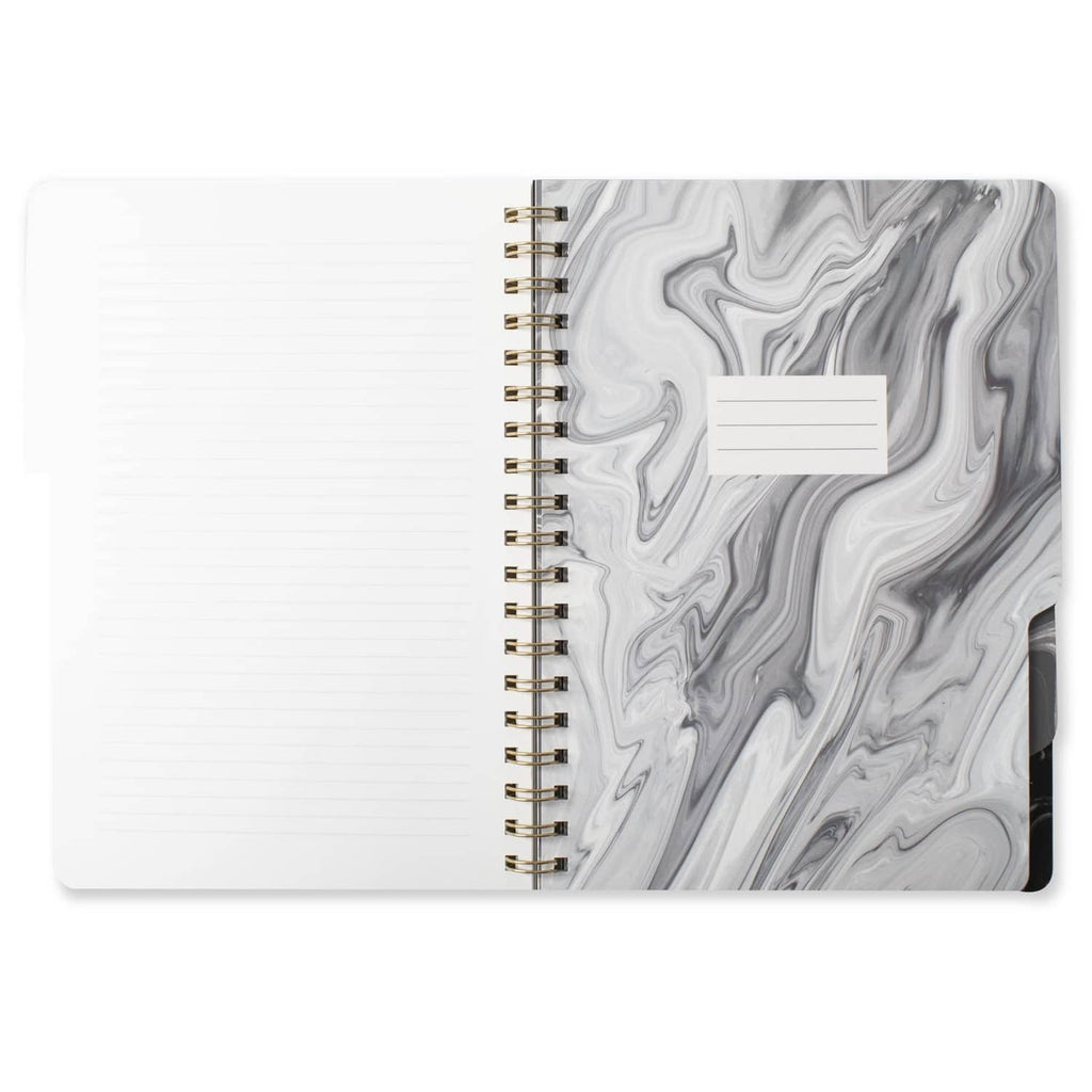 Large tab notebook open, gray marble right cover with blank label tab