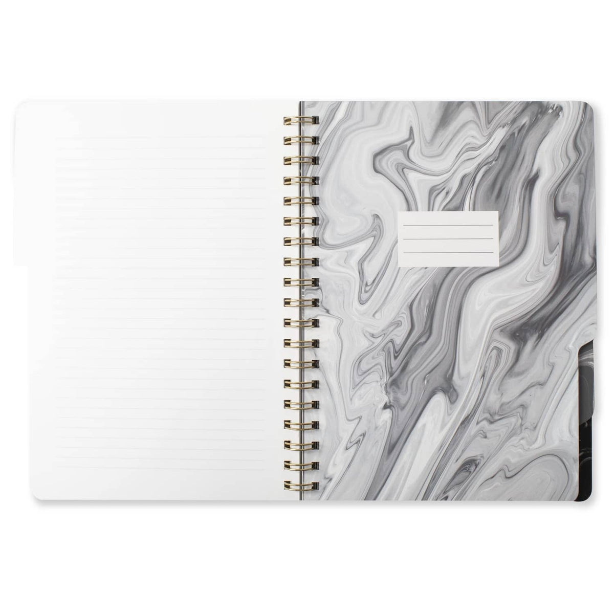 Large tab notebook open, gray marble right cover with blank label tab